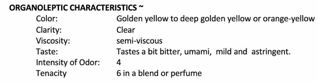 Cedar species organoleptics of color, clarity, viscosity, intensity of odor and tenacity in a blend