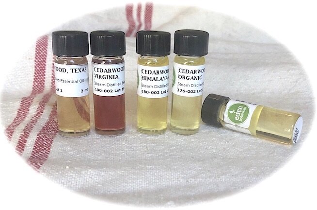 5 essential oils: the first two are genus Juniperus while that three on the right are the genus Cedrus.