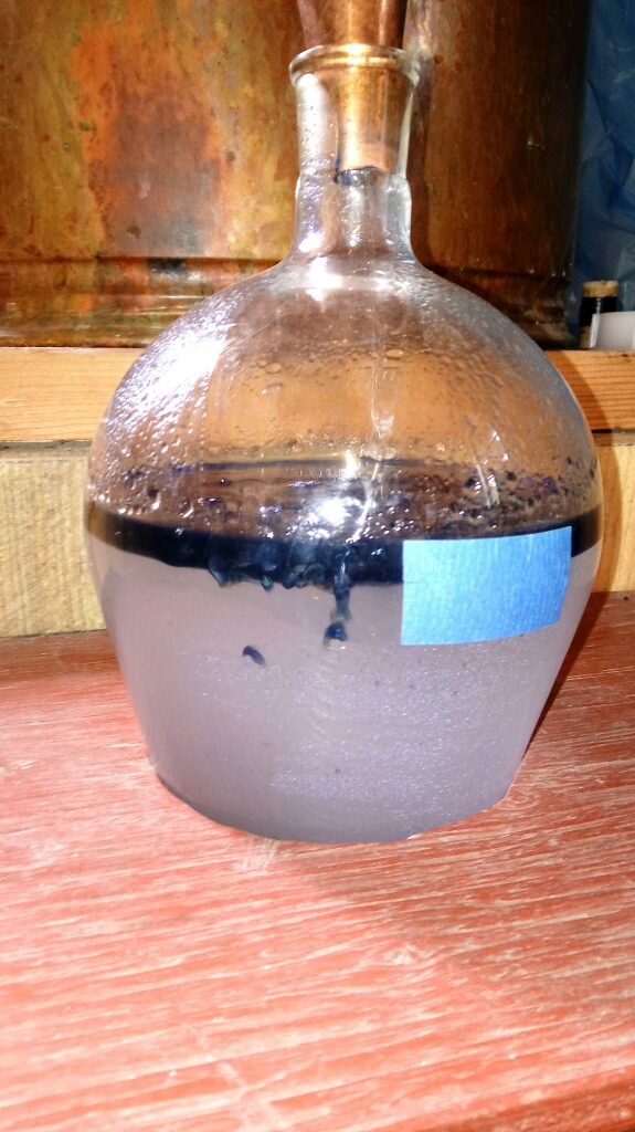 A flask of the Yarrow distillate containing both the essential oils floating on the  hydrosol