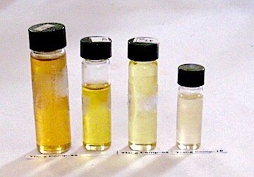 4 bottles of Ylang-Ylang complete from different distillation of  2000 to 2010 showing change in color of the oil