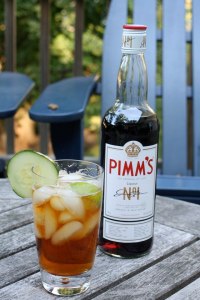 Picture of Pimm's Cup with a glass filled with ice and the mixed beverage